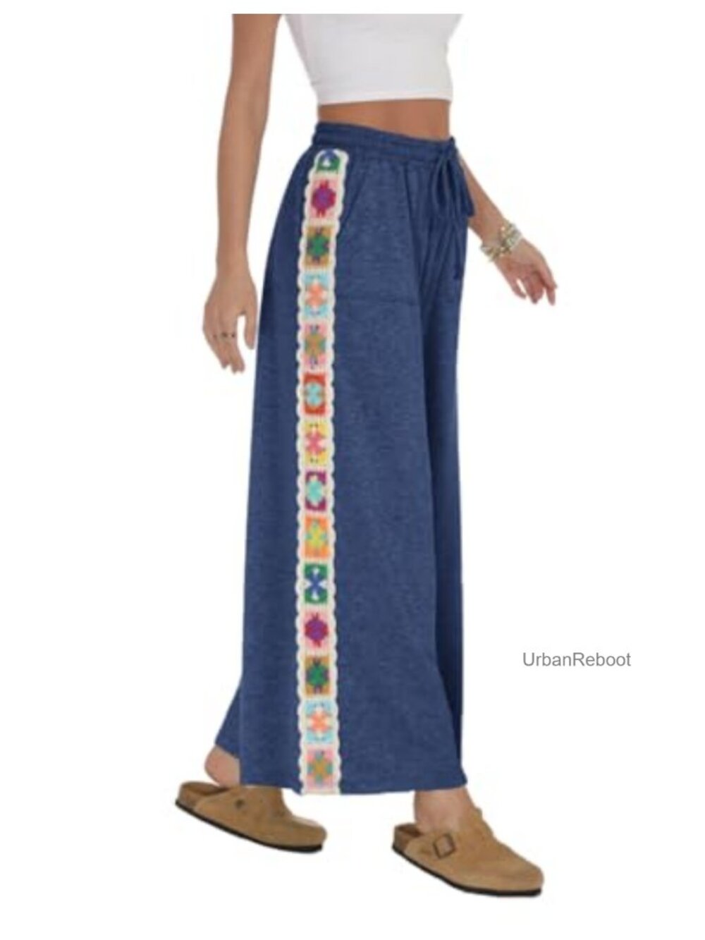 Wide Leg Stretch Drawstring Lounge Sweatpants Crochet Panel Pockets